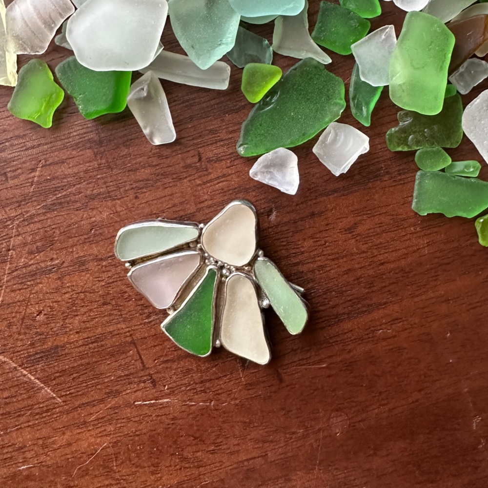 Green and White Sea Glass Sterling Brooch